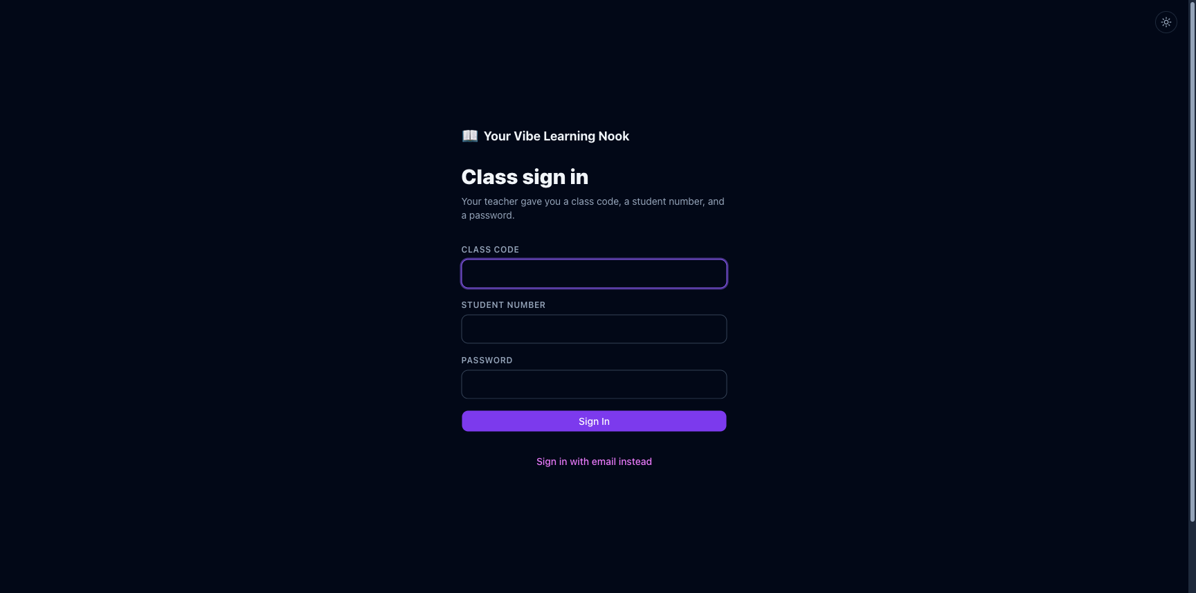 Sakrano class sign-in screen with class code, student number and password fields
