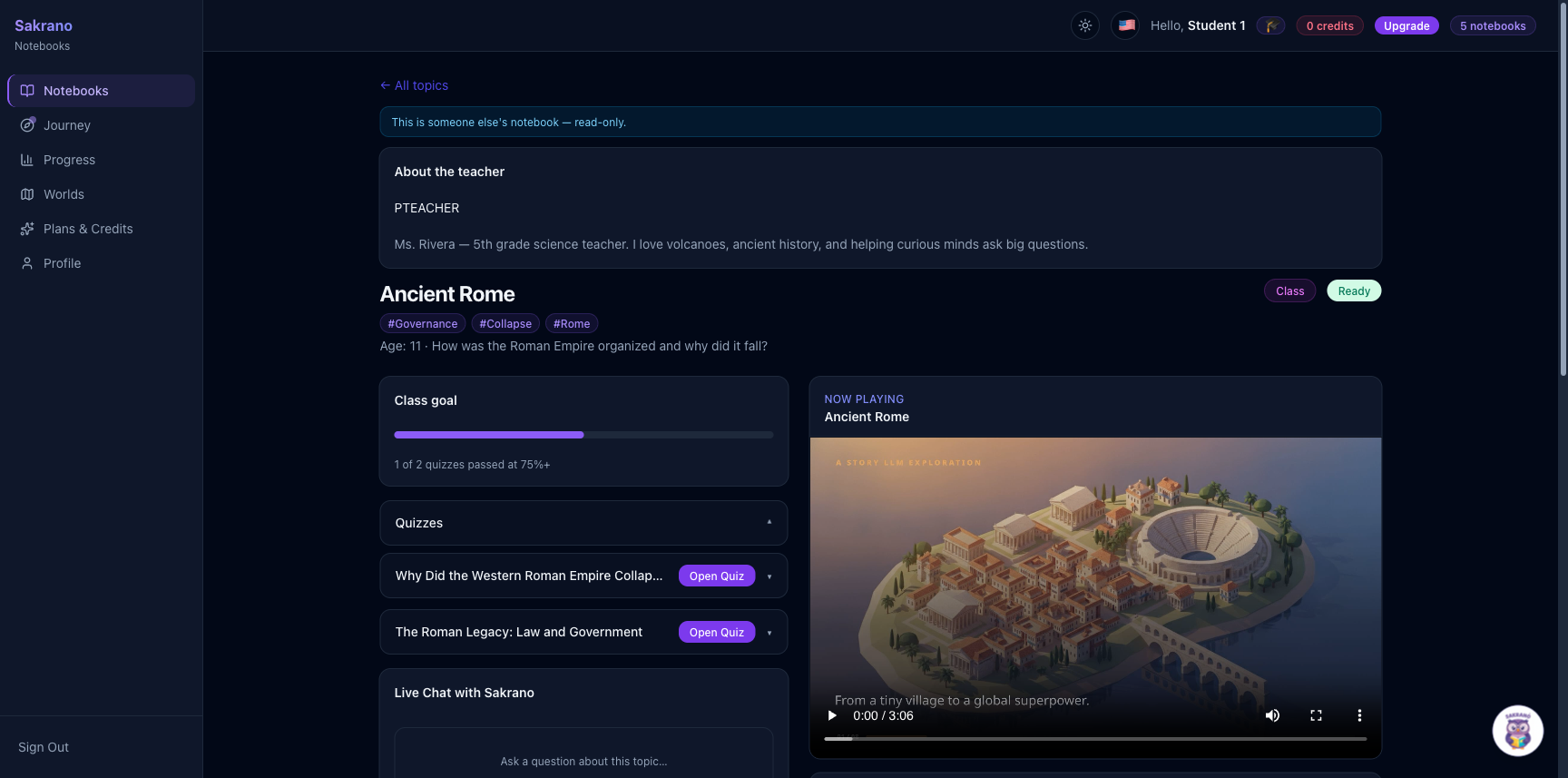 An Ancient Rome lesson open with a narrated video, quizzes and a chat panel