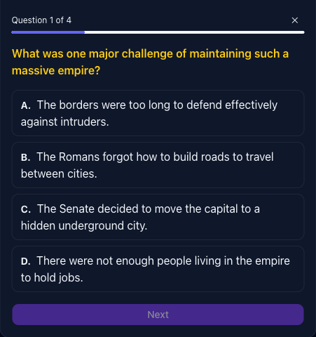 A multiple-choice quiz question with four answer options
