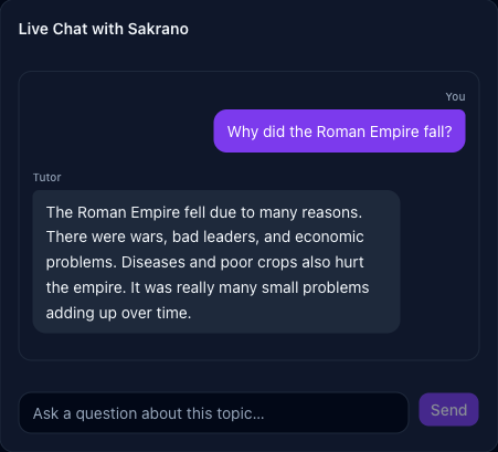 The Sakrano AI tutor answering a question about why the Roman Empire fell