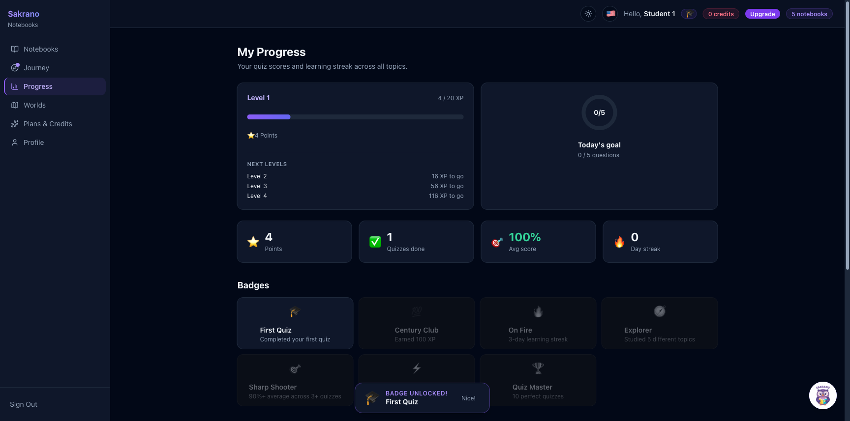 The child's progress page with badges and quiz results